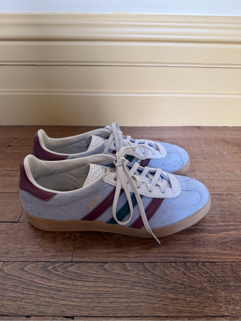 adidas Light Gray Suede Sneakers with Burgundy & Teal Stripes